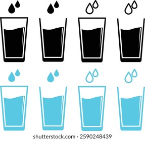 Water glass with water drop icon set. Drinks glass symbols isolated on transparent background. Pure, mineral water glass solid vector icons for cold drink. Signs, logo illustration.