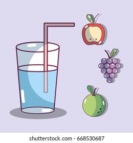 water glass with fresh apple and grape fruits