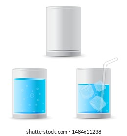 Water in a glass with ice cubes and a straw realistic vector
