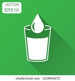 Water glass icon in flat style. Soda glass vector illustration with long shadow. Liquid water business concept.