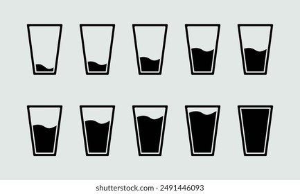 Icono de vidrio de agua en color negro. Nivel de agua de vidrio. Vaso de agua plana conjunto de iconos. Color negro, contorno y relleno. Ilustración vectorial. Vasos de agua, juego de Vector.