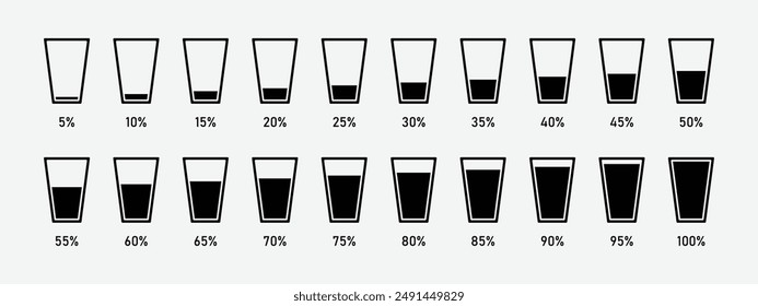 Water glass icon set in black color. Glasses filled with water to percentage. It can be used to show the water fill level in dams and lakes. Water and liquid level in Percentage. Vector illustration.