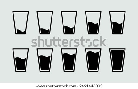 Water glass icon set in black color. Glass water level. Glass of water flat icon set. Black color, outline and fill. Vector illustration. Glasses of water, vector set.