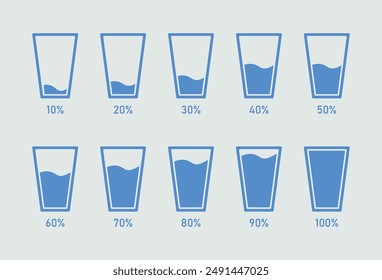 Water glass icon set in blue color. Set of 10% to 100% glass of water flat icon set. Glasses water level. Blue color, outline and fill. Vector illustration.