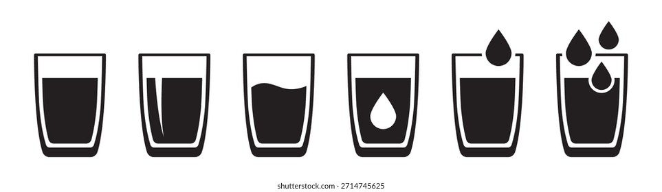 Conjunto de iconos de vidrio de agua para beber y conceptos de hidratación