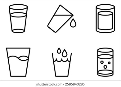 water glass icon set, Glass of water and water drop line icon. vector illustration on white background