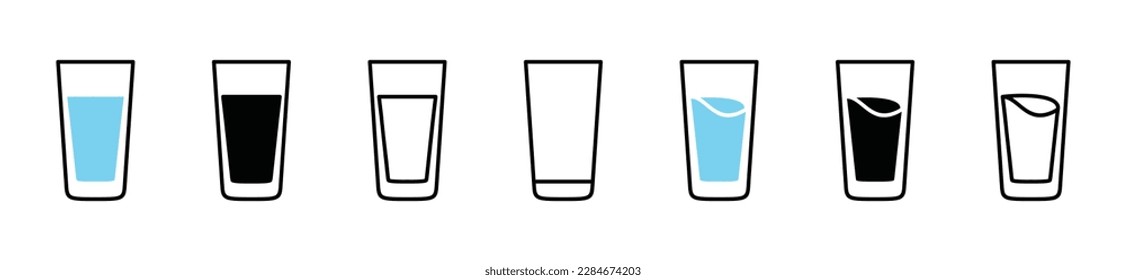 Water glass icon set. Full and empty water glass icons. Drink glass icon collection in color. Vector illustration