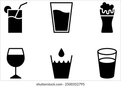 Water glass icon vector set. Drink glass flat line pictogram on white background