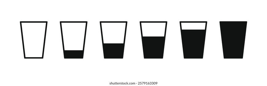 Water glass icon vector set in back flat outline. Full and empty water glass. Tall milk drink glass line pictogram. Cup water icon symbol. Glass of drink water symbol. Vector illustration.