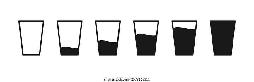 Water glass icon vector set in back flat outline. Full and empty water glass. Tall milk drink glass line pictogram. Cup water icon symbol. Glass of drink water symbol. Vector illustration.