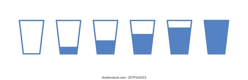 Water glass icon vector set in blue  flat outline. Full and empty water glass. Tall milk drink glass line pictogram. Cup water icon symbol. Glass of drink water symbol. Vector illustration.