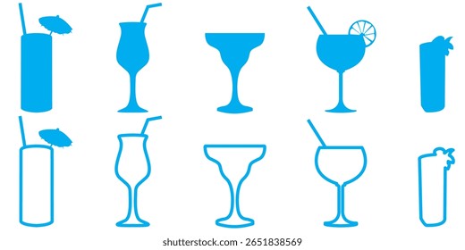 Water glass icon vector set in blue and back flat outline. Tall milk drink glass line pictogram. Stock vector 
