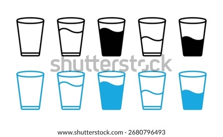 Water glass icon vector set in blue and back flat outline. Drink glass line pictogram. Water glass vector icon set. tall full, half and empty milk or water glass sign.