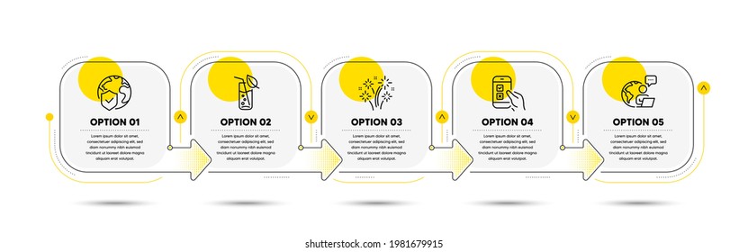 Water glass, Mobile survey and Fireworks line icons set. Timeline process flowchart. World insurance sign. Soda drink, Phone quiz test, Pyrotechnic salute. Internet protection. Business set. Vector