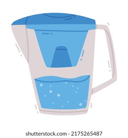 Agua en el filtro del lanzador de vidrio con H2O Puro líquido vertido en vectores interiores Ilustración