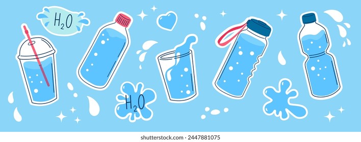 Water in glass, plastic bottle, thermos. Collection of cute flat style vector templates for sticker, patch, badge. 