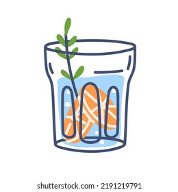 Water glass with rosemary leaf, orange piece. Cold fresh healthy aqua drink infused with citrus fruit and spice. Summer refreshment. Flat graphic vector illustration isolated on white background