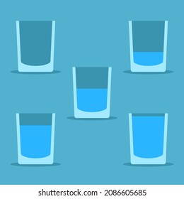 Water glass set, empty, part, half and full. Drink, nutrition, attitude, mindset, optimism and pessimism concept. Flat design. Vector illustration. EPS 8, no gradients, no transparency