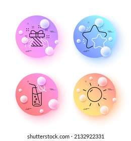 Water glass, Sun energy and Star minimal line icons. 3d spheres or balls buttons. Gift icons. For web, application, printing. Soda drink, Solar power, Customer feedback. Present. Vector