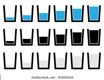 Water glass symbols, pictograms - Empty, half, full glass of water.