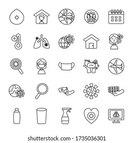 water glass and virus icon set over white background, line style, vector illustration