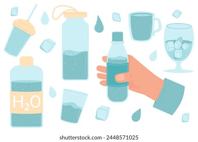 Water glasses and bottles set. Hand holding bottle of still water. Vector isolated illustration.