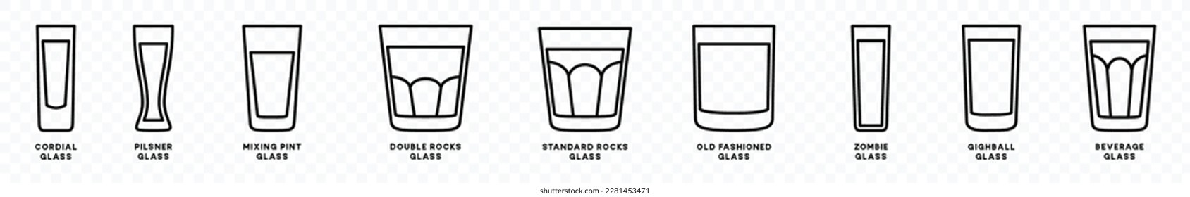 Vektorset für Wasserbrillen. Trinken Sie Gläsern mit bearbeitbarem Strich. Mineralwasser-Brillen-Zeichen und Symbol im Linienstil. Vektorgrafik