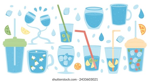 Water glasses set isolated on white background. Fresh clean and aroma drinks. Aqua beverages with sparkling and fruit berry herbal and cucumber. Stay hydrated. Liquid balance. Vector flat illustration