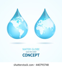 Water Globe Save Concept. Poster with Two Drops of Liquid. Vector illustration