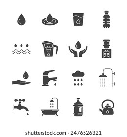 Conjunto de iconos de glifo de agua. colección de Vector con gota, taza, botella, enfriador, baño, nube con lluvia, grifo de agua.