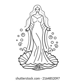 Diosa del agua. Linea de la mujer con el cabello suelto. Una mujer con caparazón.