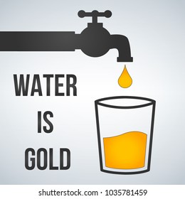 Water is gold. Motivation. Water tap and glass icon. Vector illustration isolater on light background.