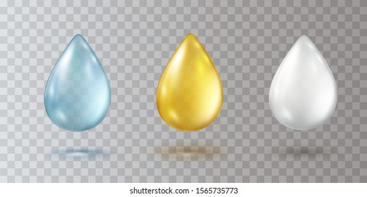 Agua, aceite de oro y crema blanca caen aisladas sobre fondo transparente. Beba de vitamina E. Gel vectorial, miel dorada o gotas de loción.
