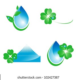 Water and green leaf ecology set of icons and symbols over white