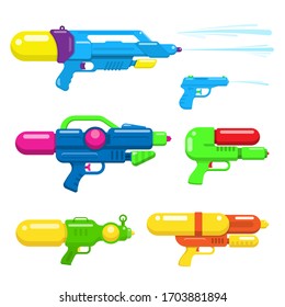 Water Gun Collection. Colorful Toy Guns Flat Design. Vector Illustration