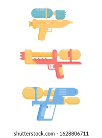 Water gun collection. Flat vector colorful toys. Vector illustration isolated on white background.