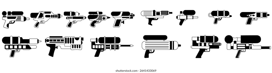 Заголовок: Water gun icon vector set. Children's gun illustration sign. Toy gun symbol or logo. Water gun web icons set.