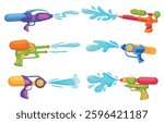 Water guns. Plastic bright gun spray water drops, childish toys for songkran, summer active beach games. Pistols with splashes, nowaday vector set