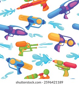 Water guns seamless pattern. Kids plastic toys spraying liquid splashes. Bright weapon for children play. Fabric wallpaper print, nowaday vector background