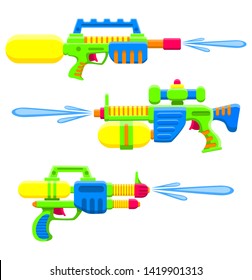 Water guns set. Bright multi-colored children's toys. Isolated objects. Flat vector illustration on white background.