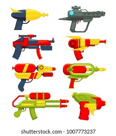Water Guns. Weapons Toys For Childrens. Toy Weapon Pistol For Kids Game, Vector Illustration