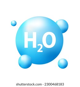 Water H2O molecule models blue and chemical formulas natural. For decoration oxygen cosmetics. Ecology and biochemistry concept. on white background. Vector illustration