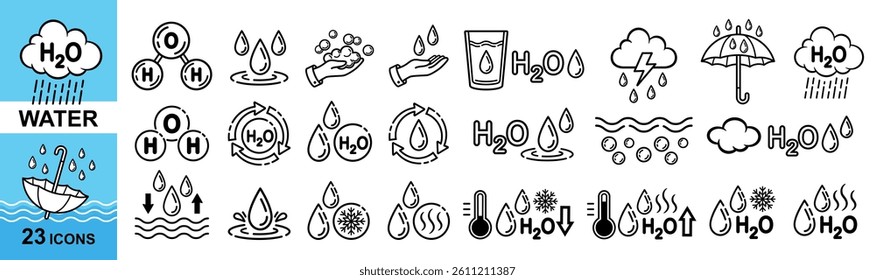 Water H2O molecule, rain drop, aqua drink glass, hot or cold liquid, wet cloud weather, humidity line icon. Heat cool temperature. Wash clean hand, moisture skin care cream. Waterproof umbrella vector