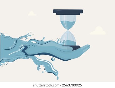 Water Hand Holding Hourglass Illustration. fluid hand holding an hourglass, symbolizing time, water, and sustainability in a surreal style. World water day concept. Water conservation