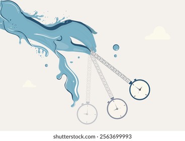 Water Hand and Swinging Clocks. Illustration of a water hand swinging a watch, symbolizing water conservation. World water day. Environment day illustration. Earth day vector flat design.