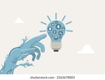 Water Hand Touching Lightbulb with Icons. water-formed hand reaching to touch a glowing lightbulb filled with environmental icons, symbolizing innovation and sustainability. Water conservation vector.