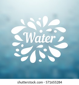 Water hand written lettering, water logo, label or badge for groceries, stores, packaging and advertising on blurred background. Splash with drops badge Logotype design. Vector illustration.
