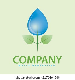 Water Harvesting Vector Logo with a blue Water Drop in the form of Plant Bud with Green Leaves.