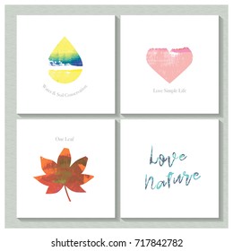 Water, heart, maple leaf, love natural with watercolor style in vector.