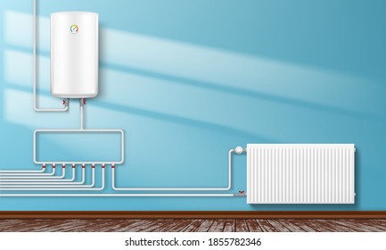 Water Heater Boiler On Blue Wall. EPS10 Vector